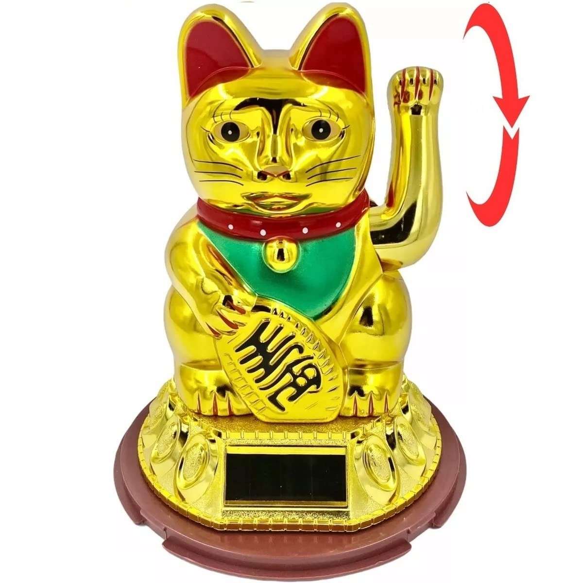 Gato da Sorte Dourado Maneki Neko com Mão Balançando e Carregamento Solar - Decore com Energia Positiva