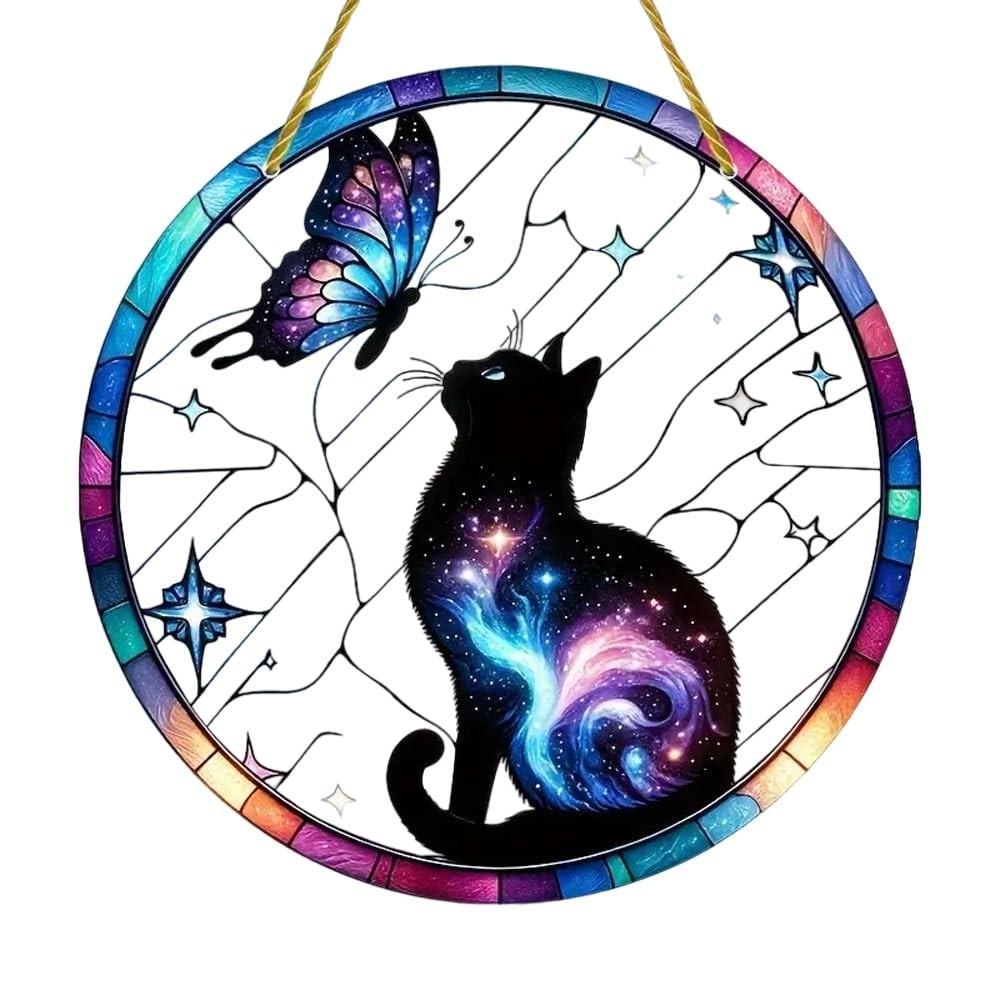 Decoração de Janela em Acrílico com Design de Gato e Borboleta - Arte Decorativa para Casa e Presente