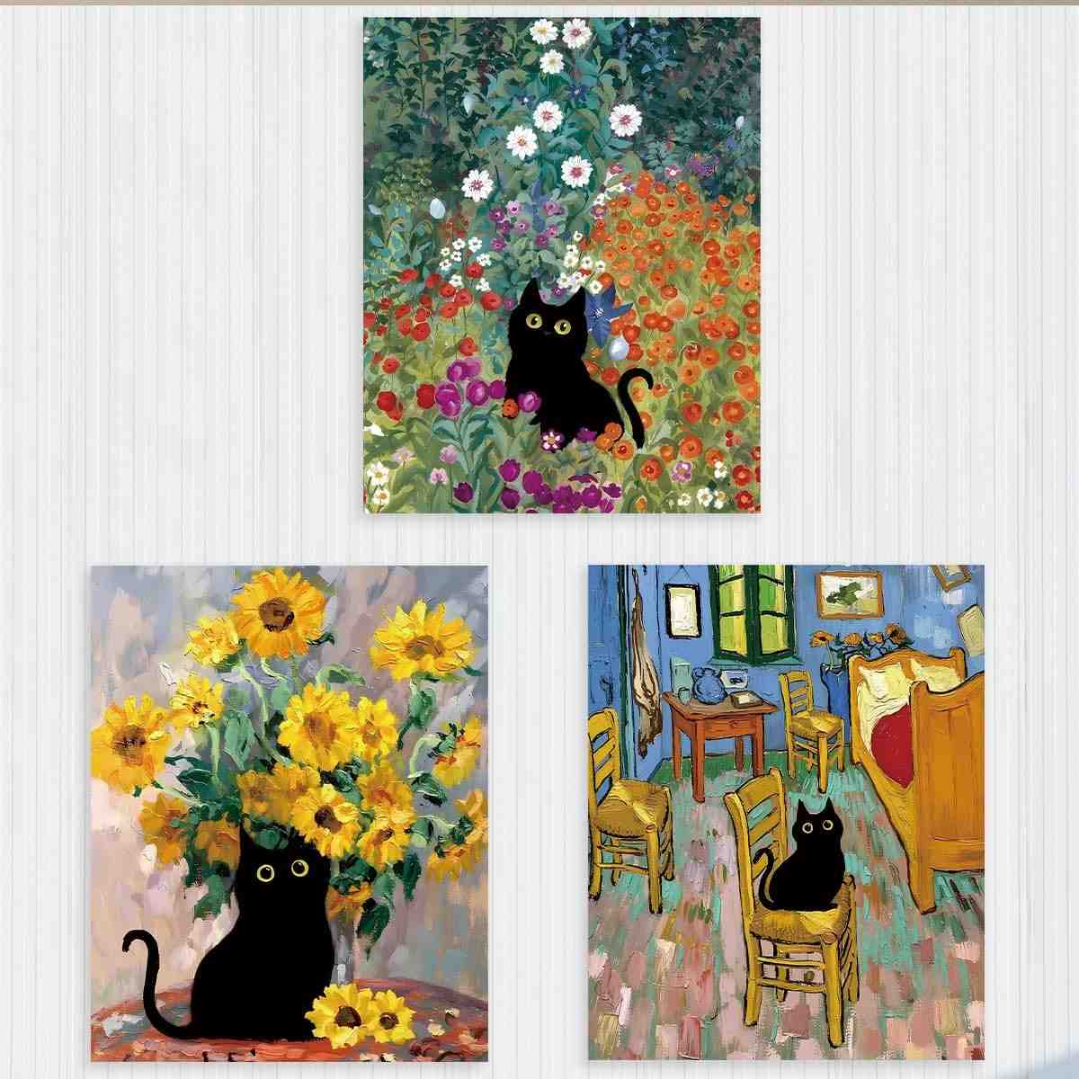 3 Peças de Arte de Parede em Tela Floral de Gato - Decoração Estética para Amantes da Natureza