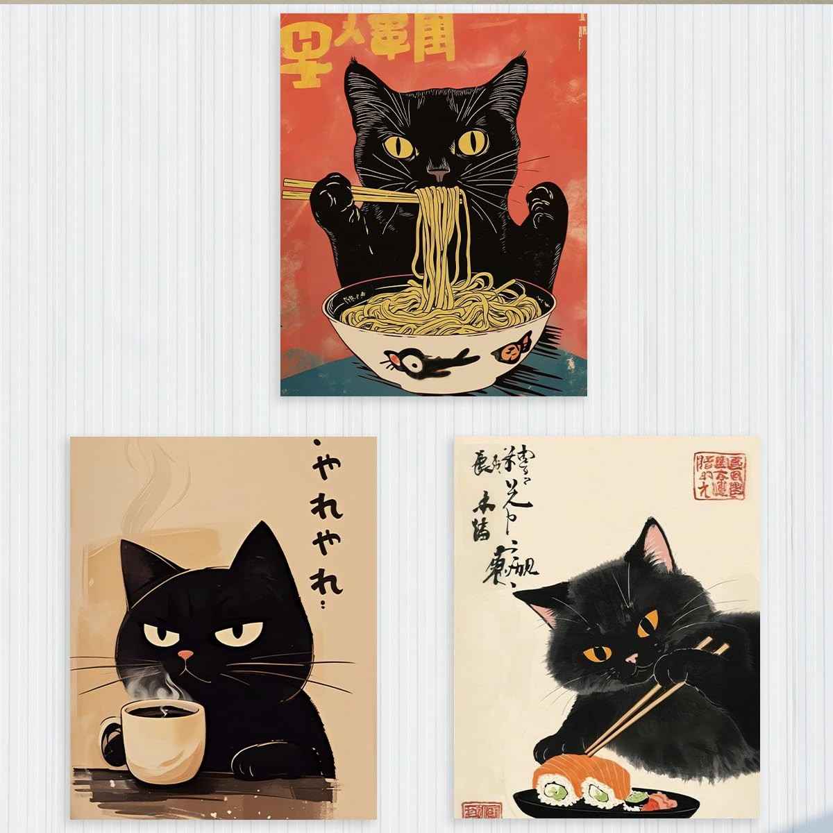 3 Peças de Arte de Parede Engraçada em Tela - Gato Japonês Vintage Comendo Ramen Sushi - Decoração Moderna e Divertida para Casa