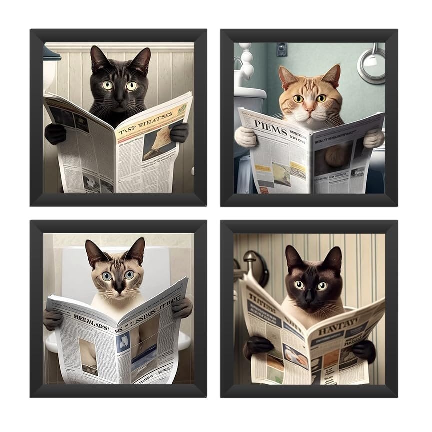 Kit 4 Quadros 18x18cm com Vidro - Gatos Lendo Jornal no Banheiro | Decoração Moderna para Banheiro, Lavabo e Toalete