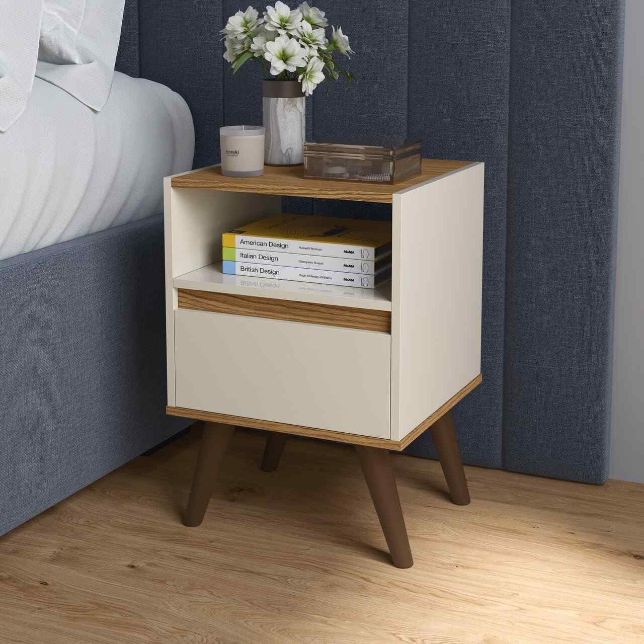 Mesa de Cabeceira com Gaveta Retro Off White e Freijó – Estilo e Organização para seu Quarto