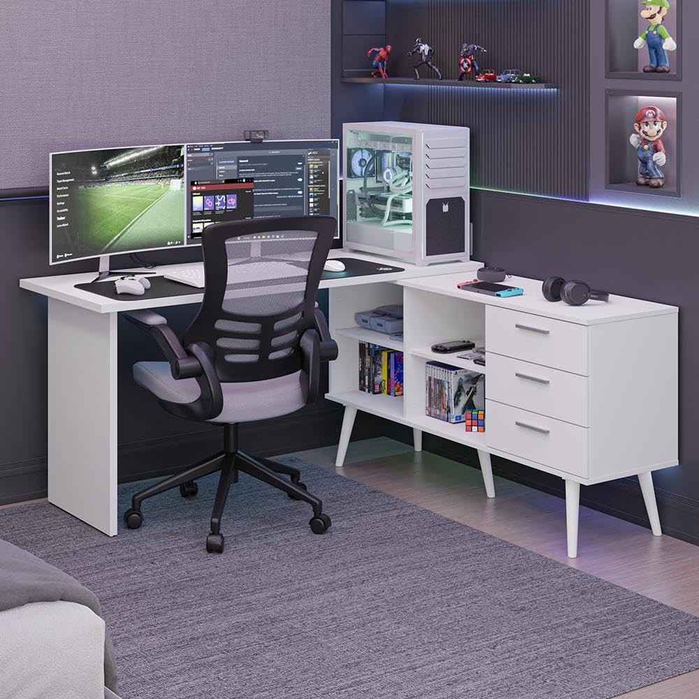 Mesa para Computador Gamer em L com 3 Gavetas Branco Lisboa Madesa - Design Moderno e Organização Inteligente