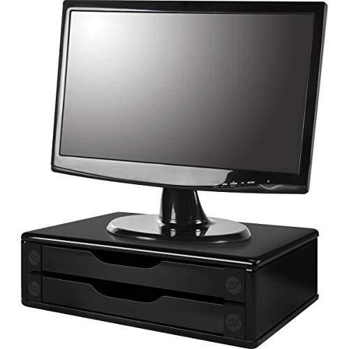 Suporte de Monitor 2 Gavetas, Mdf Preto (Black Piano) - Souza & Cia