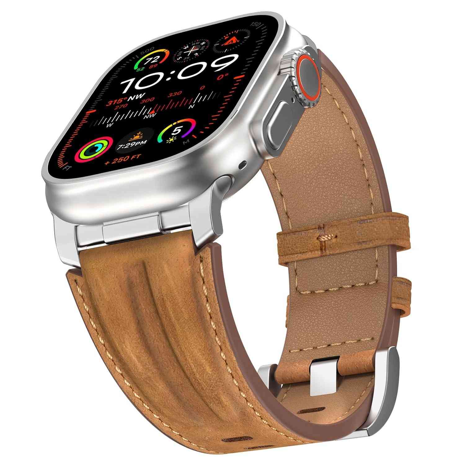 Bouixel Pulseira de couro genuíno de grão superior compatível com Apple Watch Ultra 3 de 49 mm, 46 mm, 45 mm, 44 mm e 42 mm, pulseira de metal resistente para Apple Watch Ultra 2/1 séries 11 10 9 8 7