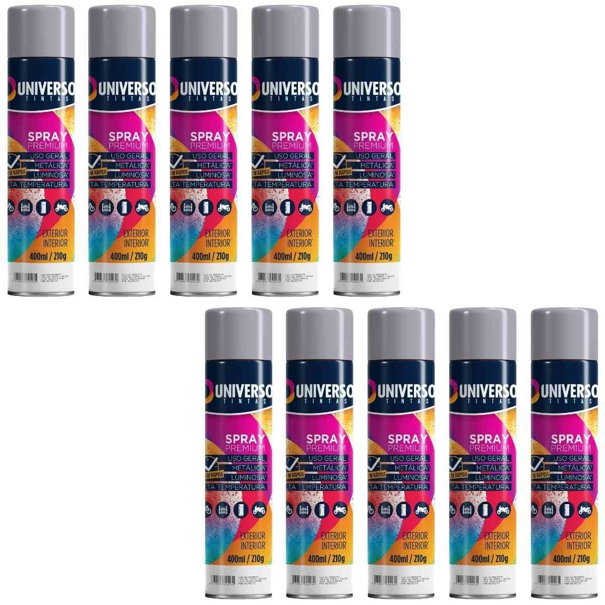 Tinta Spray 400ml Cinza Uso Geral em Aço Ferro Couro Gesso Cerâmica | Universo | Kit 10 un