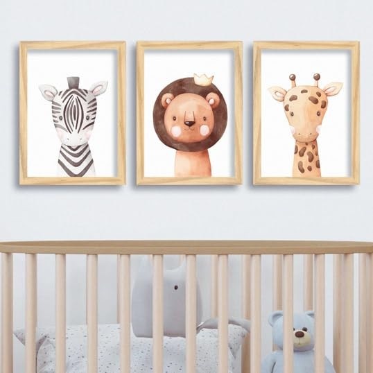 Quadros Infantil Bichinhos - Zebra, Leão e Girafa | Decoração Temática para Quartos de Bebê e Criança