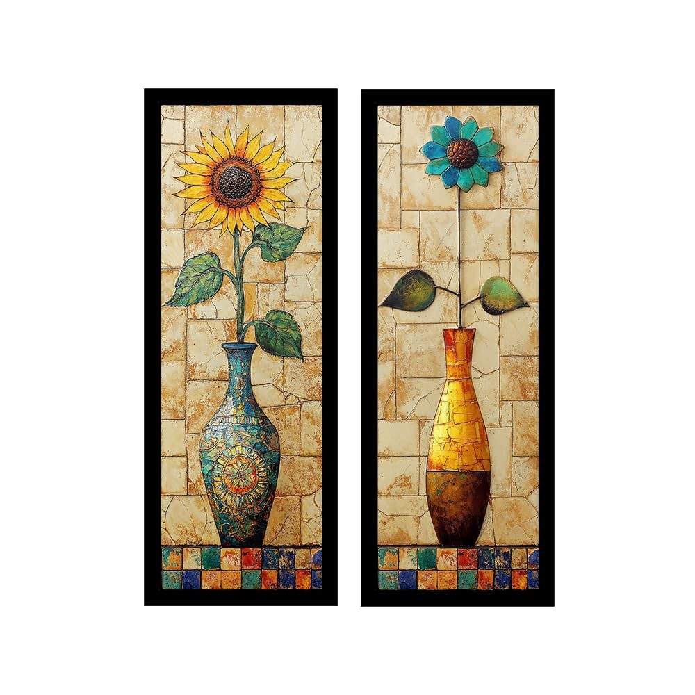 Kit 2 Quadros 18x45 cm Girassol - Decoração Moderna para Sala, Banheiro e Varanda