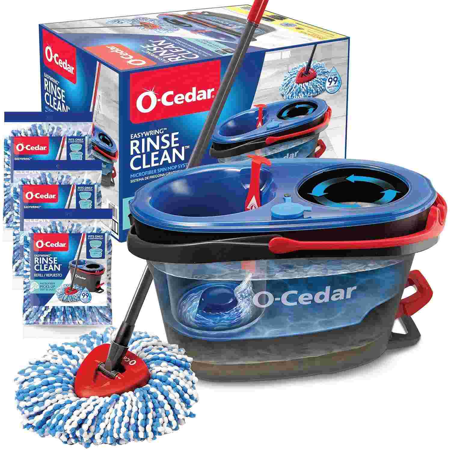O-Cedar EasyWring RinseClean - Esfregão Giratório com Sistema de Limpeza por Microfibra e 3 Refis Extras