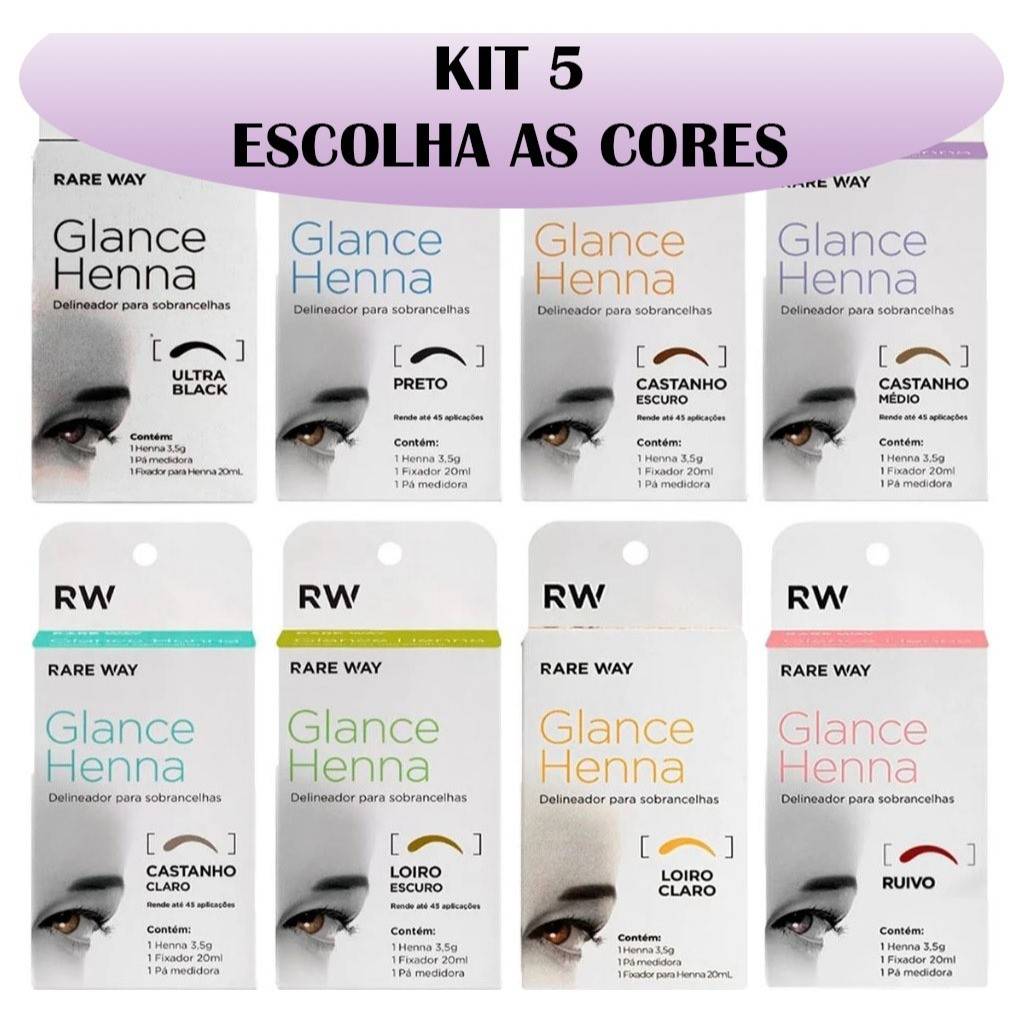 Glance Henna: Kit 5 Cores p/ Sobrancelhas 100% Natural
