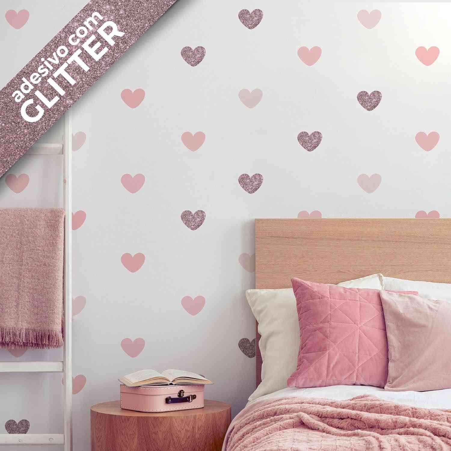Adesivo de Parede Corações Rosa com Glitter para Quarto de Menina - 60 Unidades Decorativas com Brilho