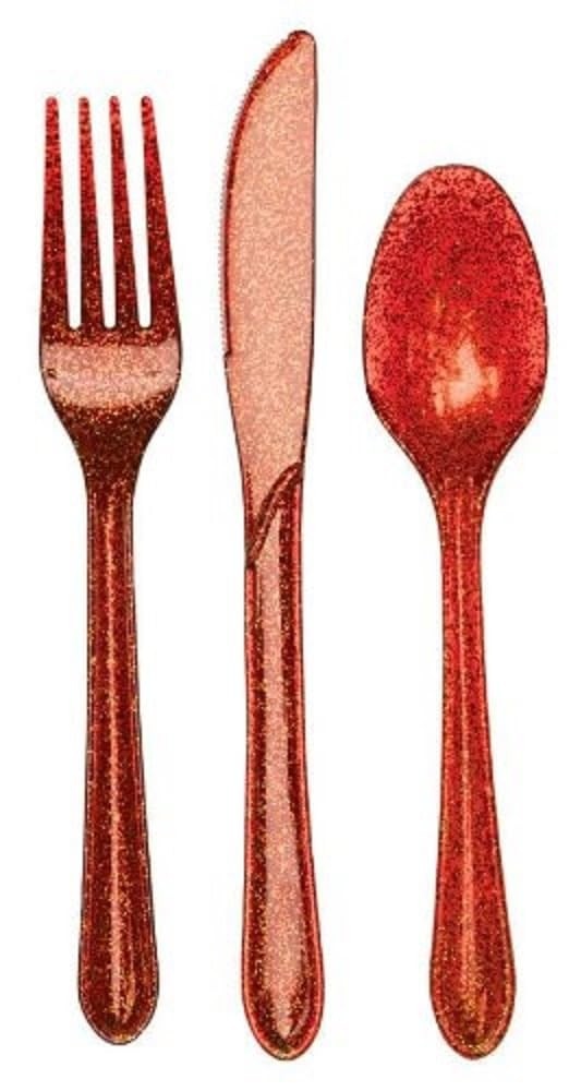 Talheres de Plástico Glitz Premium com Glitter Vermelho - 24 Peças para Festas Elegantes