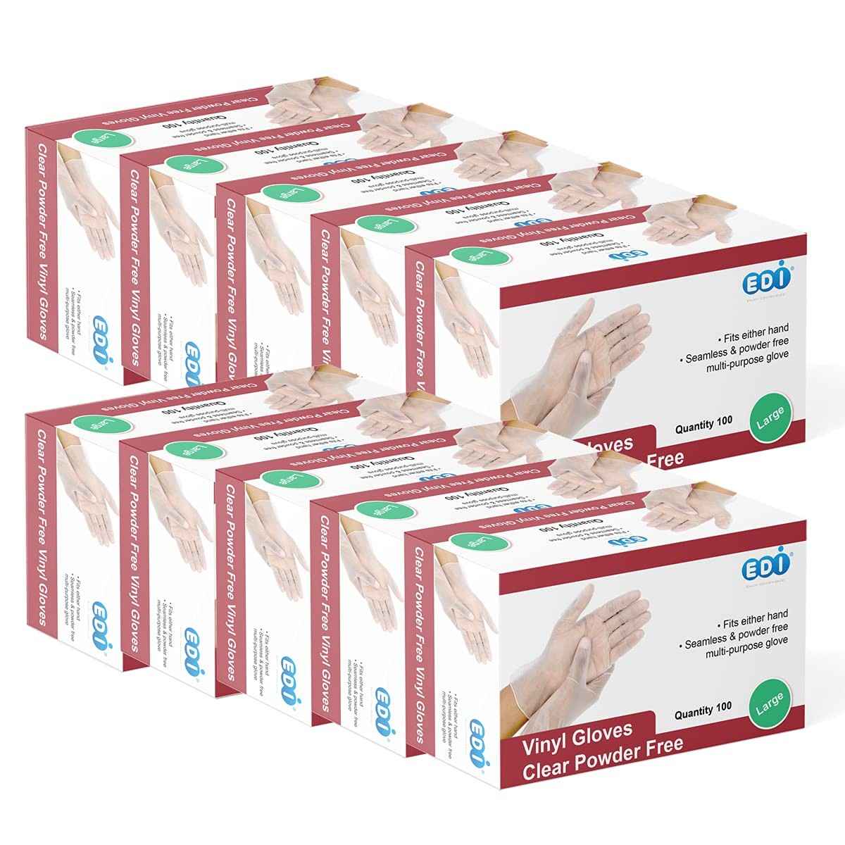 EDI Clear Powder Free Vinyl Glove,4.3 mil,Disposable glove,Industrial Glove,Clear, Latex Free and Allergy Free, Plastic, Work, Food Service, Cleaning,100 gloves per box (1000, large)