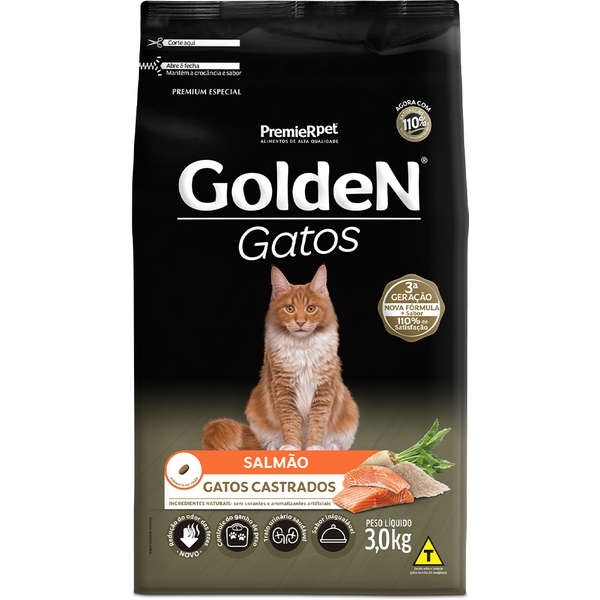 Golden Gatos Castrados Salmão 3Kg: Nutrição Completa