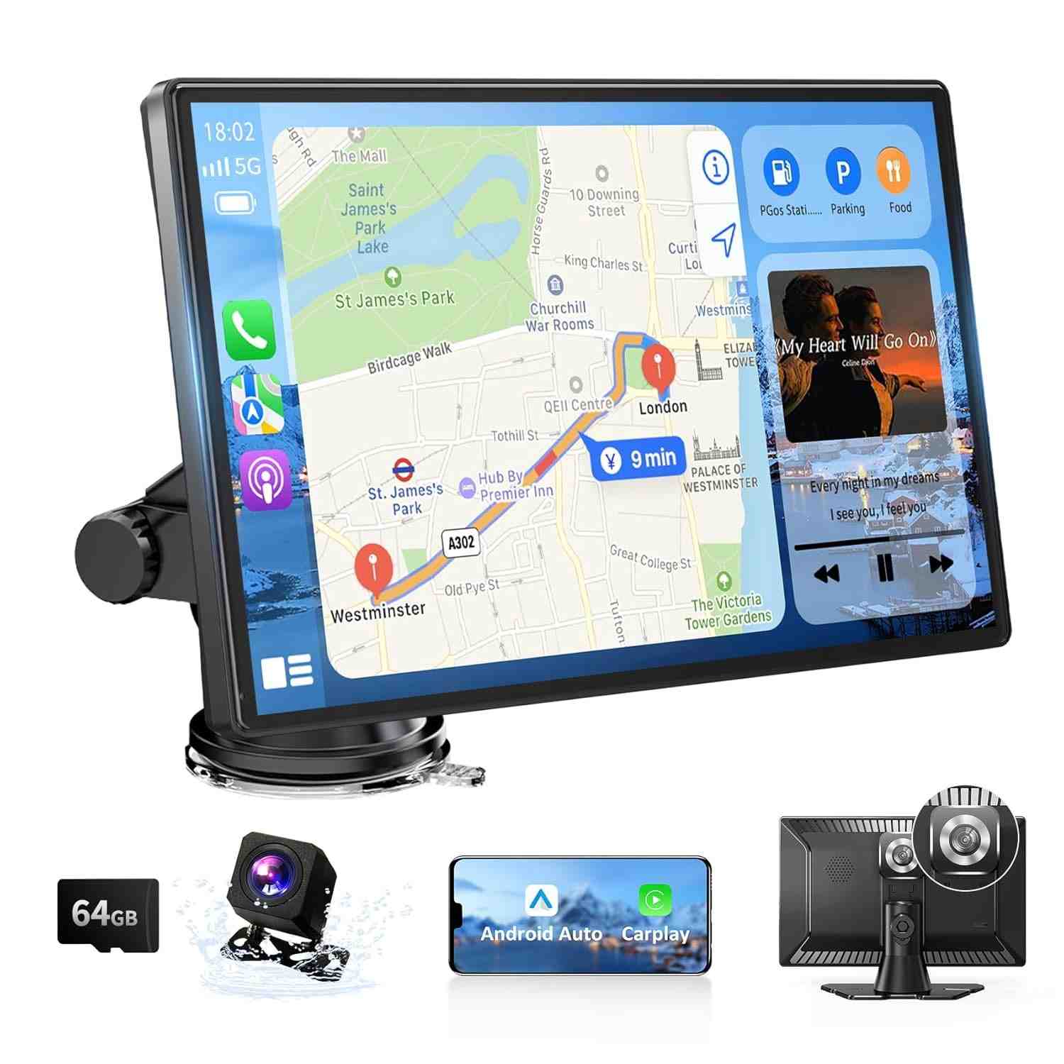 Central Multimídia 9" Android/CarPlay Portátil com Câmera 4K e 1080p - Navegação GPS e Controle por Voz