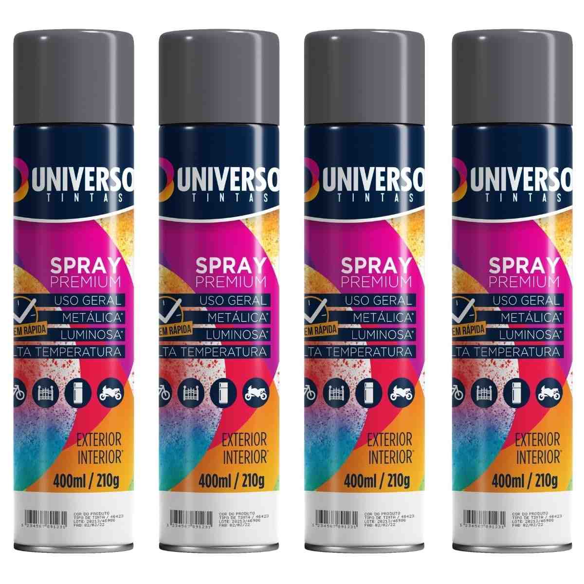 Tinta Spray 400ml Cinza Grafite Uso Geral em Aço Ferro Couro Gesso Cerâmica | Universo | Kit 04 un