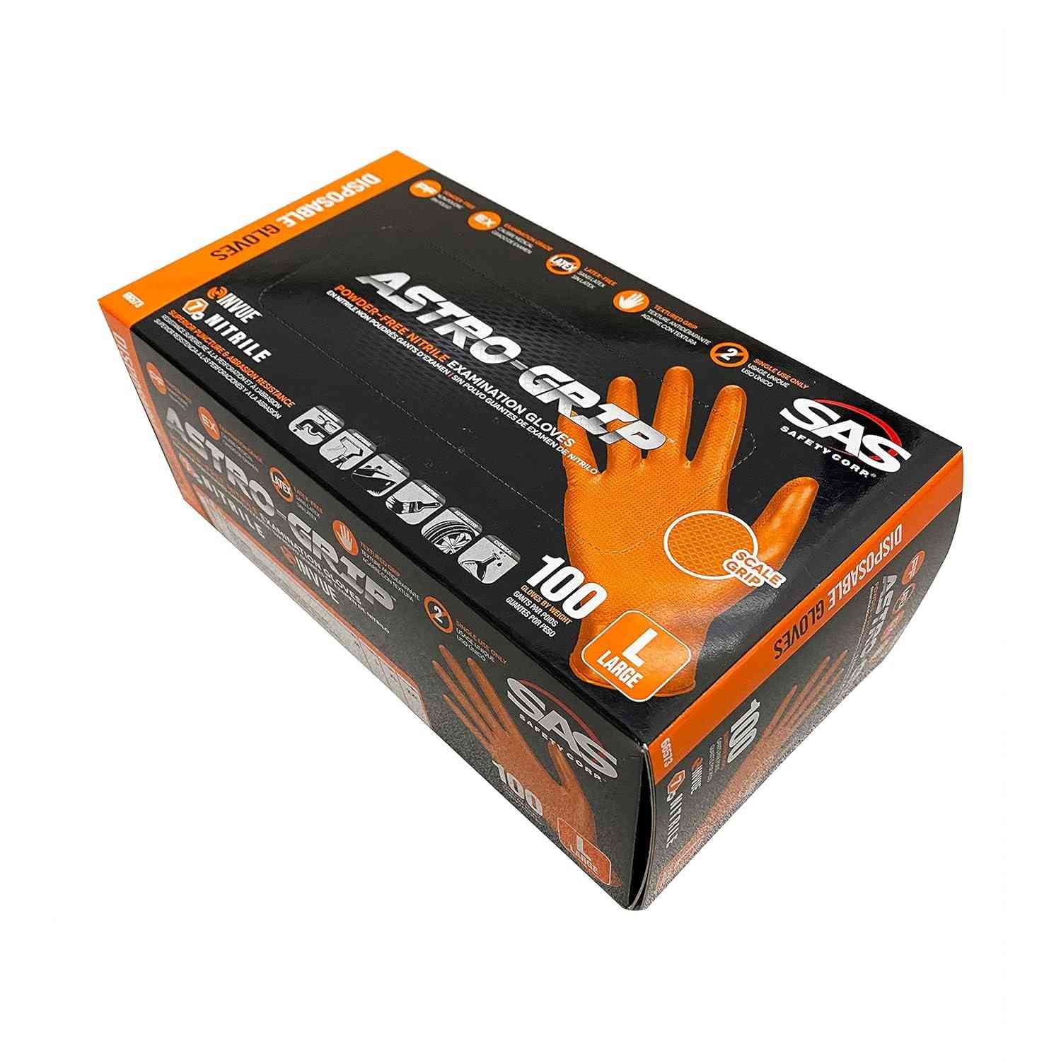 SAS Safety 66573 Astro Grip Luva Descartável de Nitrilo Sem Pó, Grande, Pacote com 100, Laranja