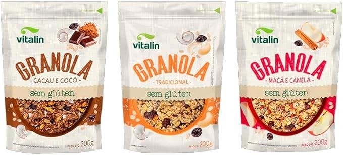 Kit 3 Granolas Sem Glúten Vitalin: Cacau, Maçã e Canela, Tradicional
