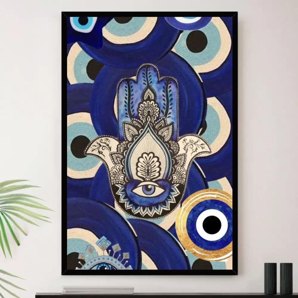 Quadro Olho Grego Mao Turco Decorativo A4 23x33cm - Moldura Premium com Proteção e Estilo