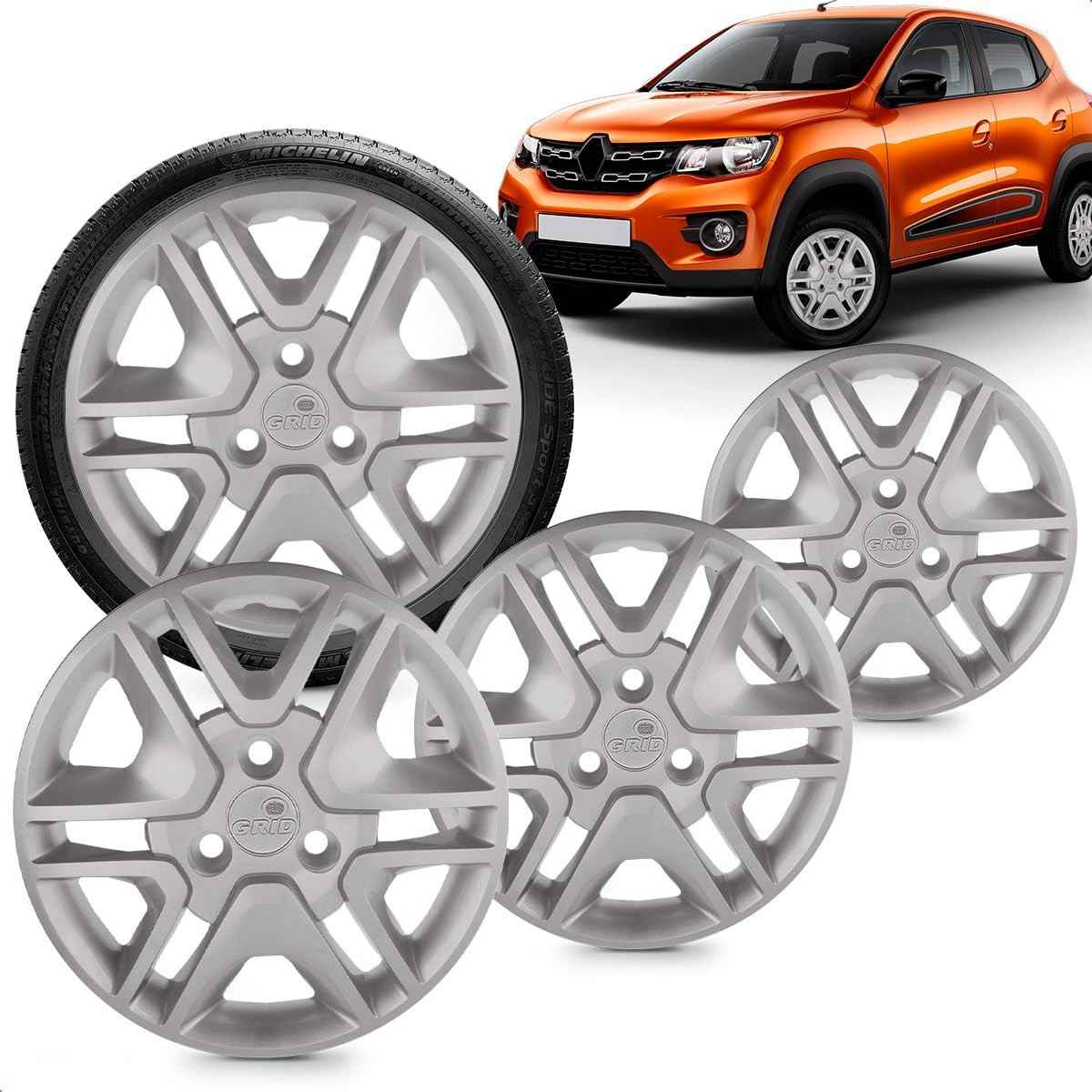 Kit 4 Calotas Aro 14 Kwid 2018-2020 Prata Grid - Design Esportivo e Proteção