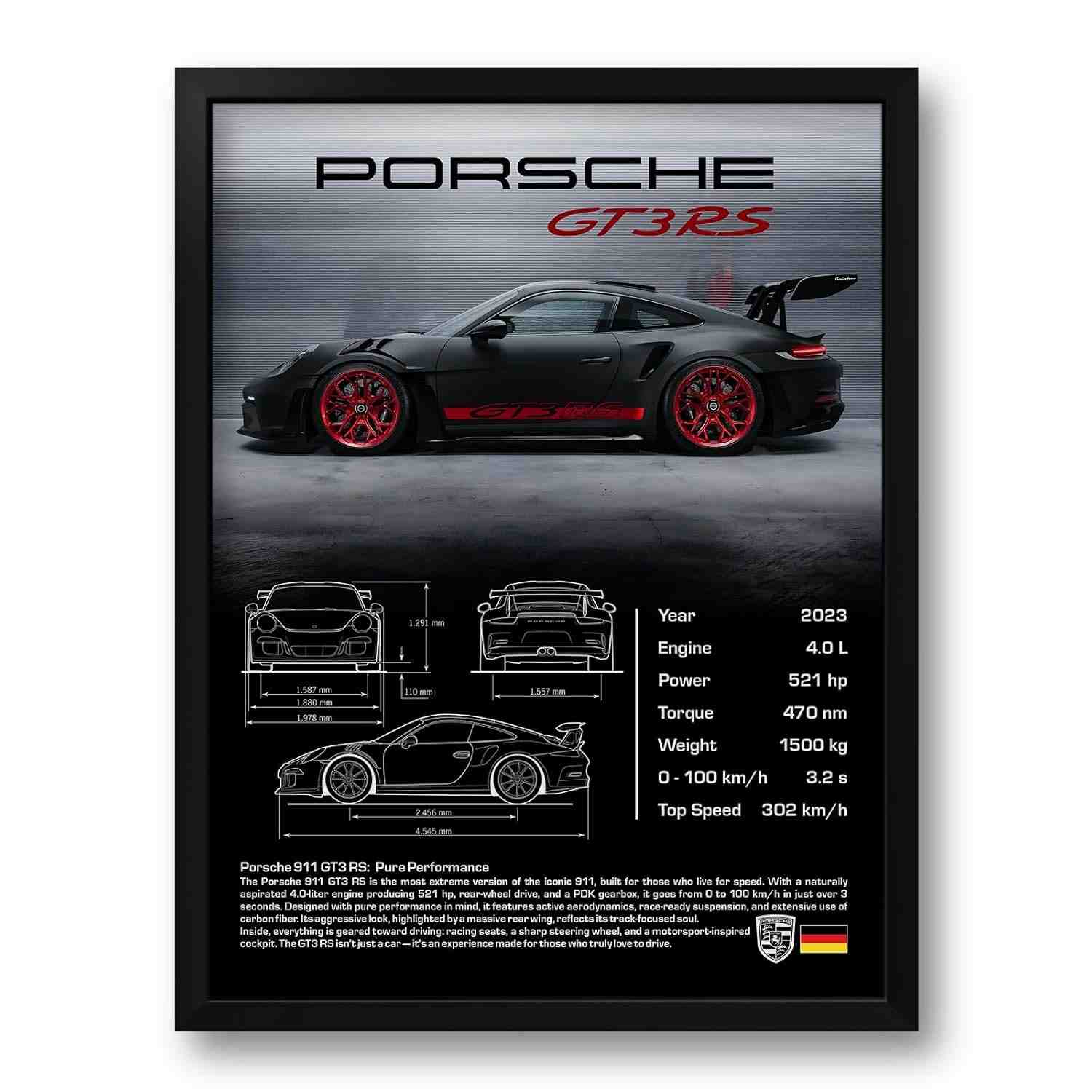 Quadro com Moldura 911 GT3 RS Black - 33x43cm | Impressão Premium em Vinil Eco-Solvente