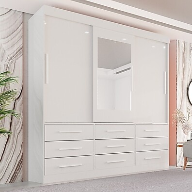 Guarda-Roupa Casal 3 Portas com Espelho Luana Branco