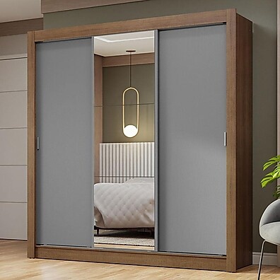 Guarda-Roupa Casal 3 Portas com Espelho – Rustic/Cinza Nobre
