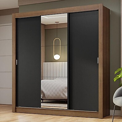 Guarda-Roupa Casal 3 Portas com Espelho – Rustic/Preto Nobre