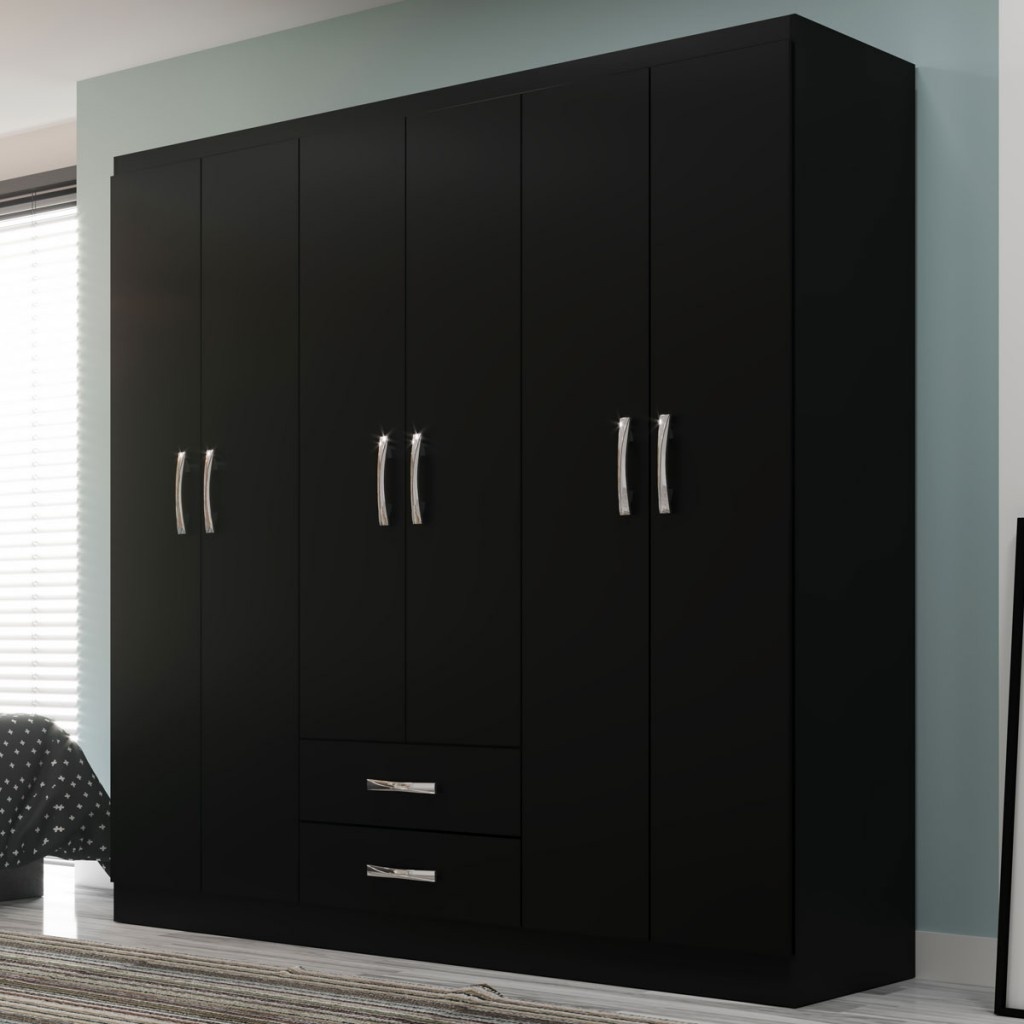 Guarda-Roupa Casal Preto Atalaia: 6 Portas + 2 Gavetas