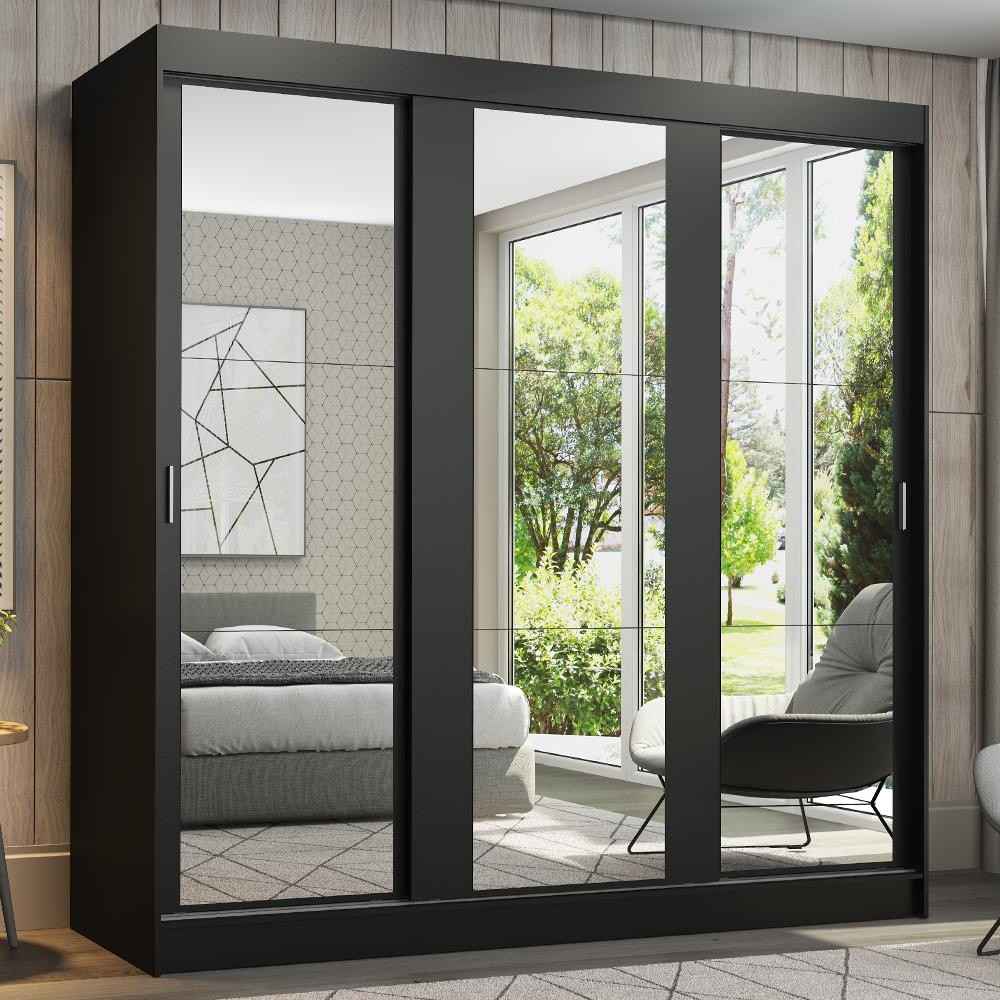 Guarda-Roupa Casal Preto Madesa Reno: Espelho e 3 Portas