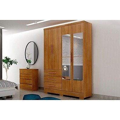 Guarda-Roupa Solteiro 4 Portas e 3 Gavetas com Espelho e Pés Encant – Novo Horizonte