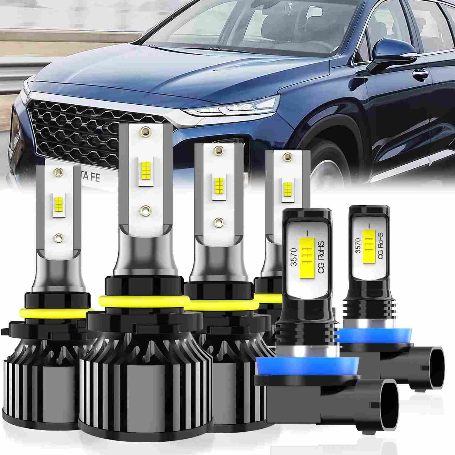 Kit Lâmpadas LED Hyundai Santa Fe 2019-2020: Farol Alto 9005, Baixo 9005 e Neblina H11 (6 Peças)
