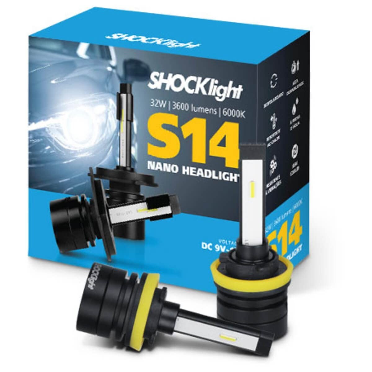 Par Lâmpada LED Farol H8 H9 H11 H16/2 S14 3600LM 6000K 12V 32W Shocklight Azul