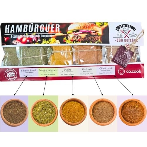 CoCook Hamburguer 5 sabores Temperos 100% natural Grelhado Chimichurri Mostarda Abacate Kmeli Suneli Zero Glúten, Zero Lactose, Zero Conservantes, Zero Corantes, Zero Sódio - 450g Rende até 200 porções