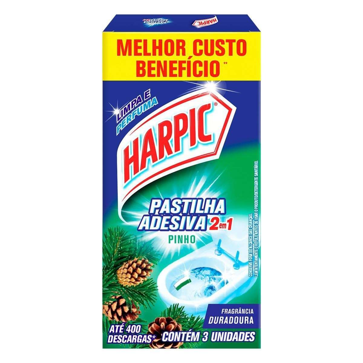Harpic Limpador e Aromatizador Sanitário Pastilha Adesiva Power 2 em 1 Pinho 3 Unidades - Praticidade e Limpeza Duradoura