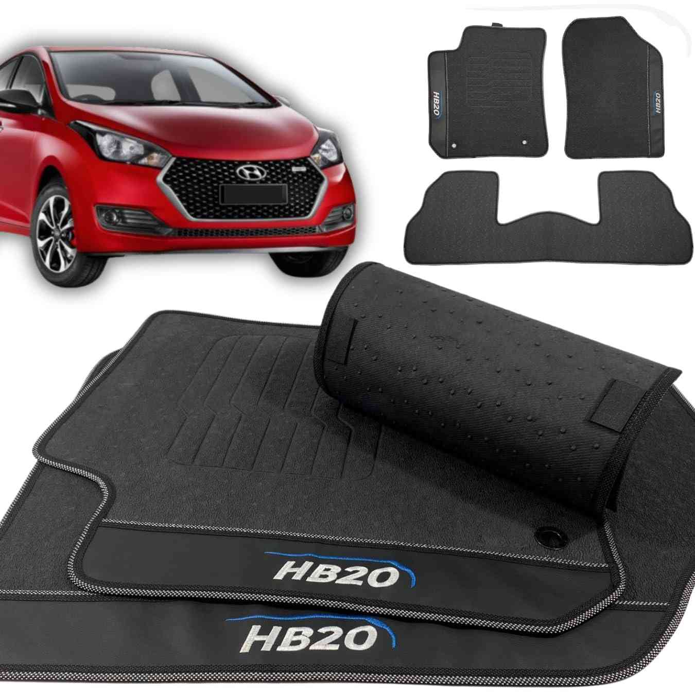 Jogo de Tapetes Automotivos Emborrachados Premium para Hyundai HB20 (2012-2025) - 3 Peças