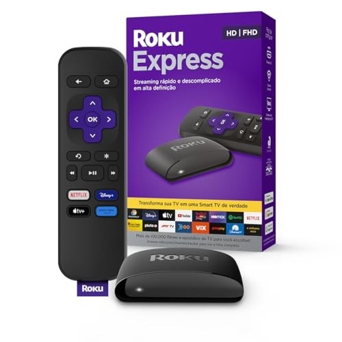 Roku Express | Dispositivo de streaming para TV HD/Full HD compatível com Alexa, Siri e Google. Inclui Cabo HDMI Premium