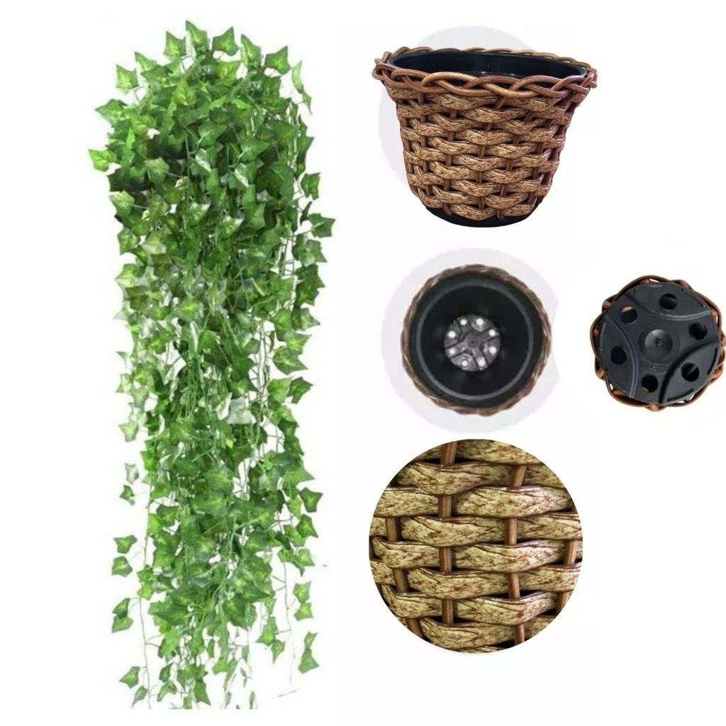 Hera Artificial Grande: 4 Folhas + Vaso Marrom