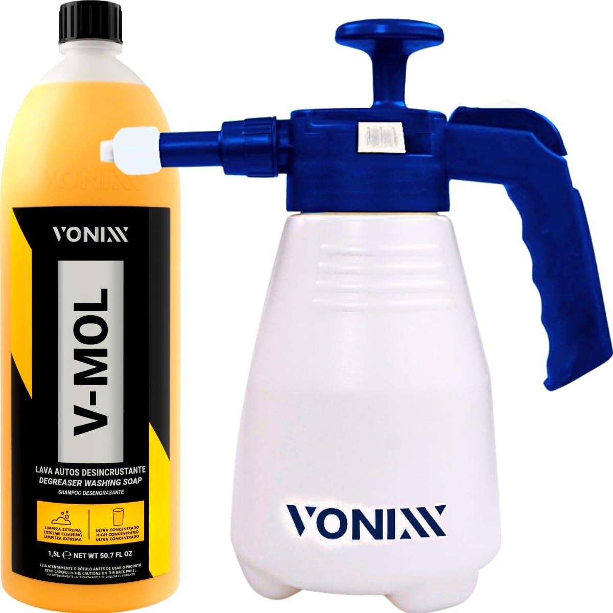 SNOW FOAM GERADOR DE ESPUMA E PULVERIZADOR MANUAL HÍBRIDO 2 EM 1 – 2L VONIXX + SHAMPOO V-MOL 1,5L VONIXX