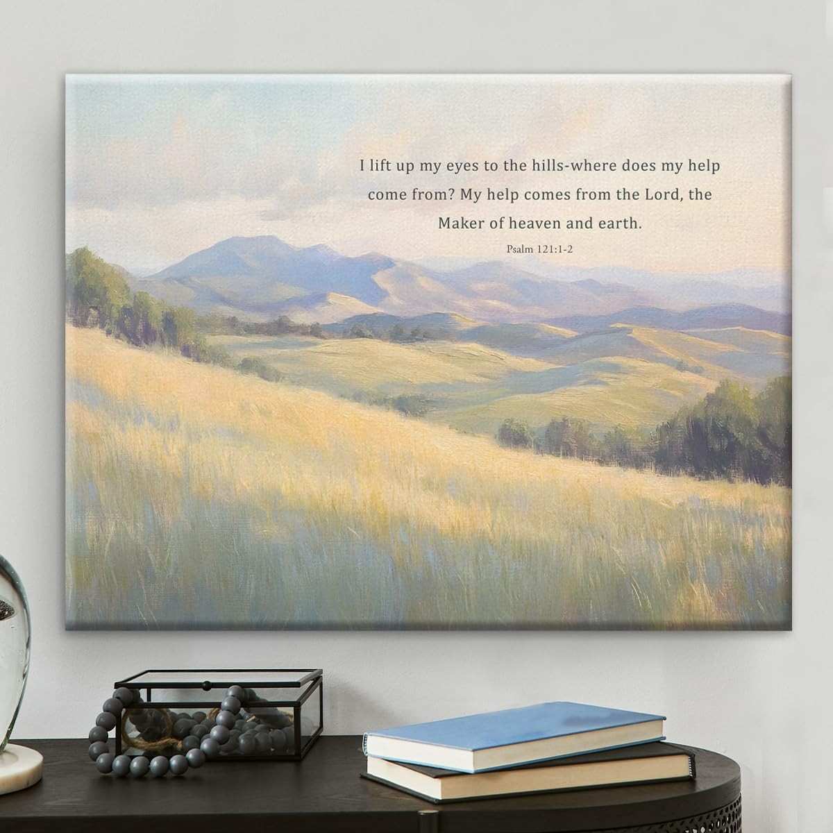 Arte de Parede com Versículo Bíblico - I Lift Up My Eyes to the Hills - Pôster Motivacional em Tela 20x25cm