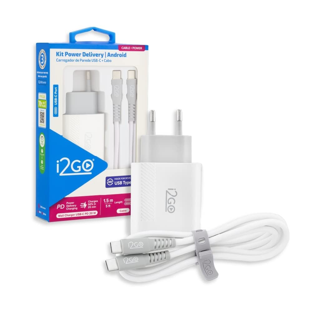 Kit Carregador Ultra Rápido 20W i2GO: USB-C PD + Cabo USB-C 1.5m - Potência e Segurança para Seu Smartphone