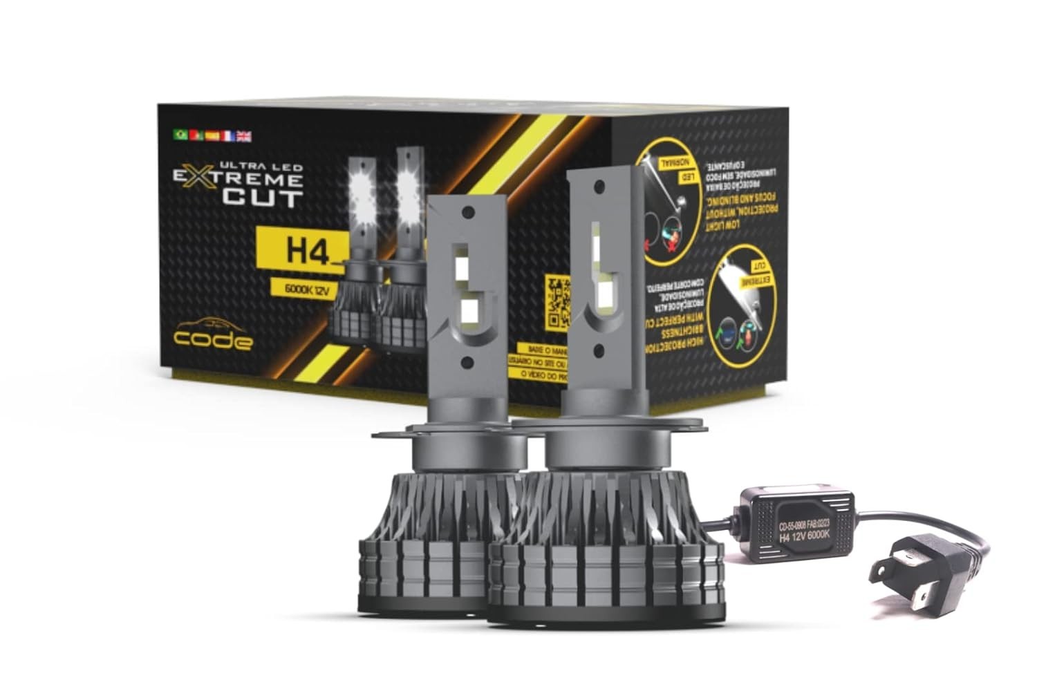 Farol de LED ULTRA LED CODE EXTREME CUT H4 12V 6000K: Iluminação Potente e Segura para Seu Veículo