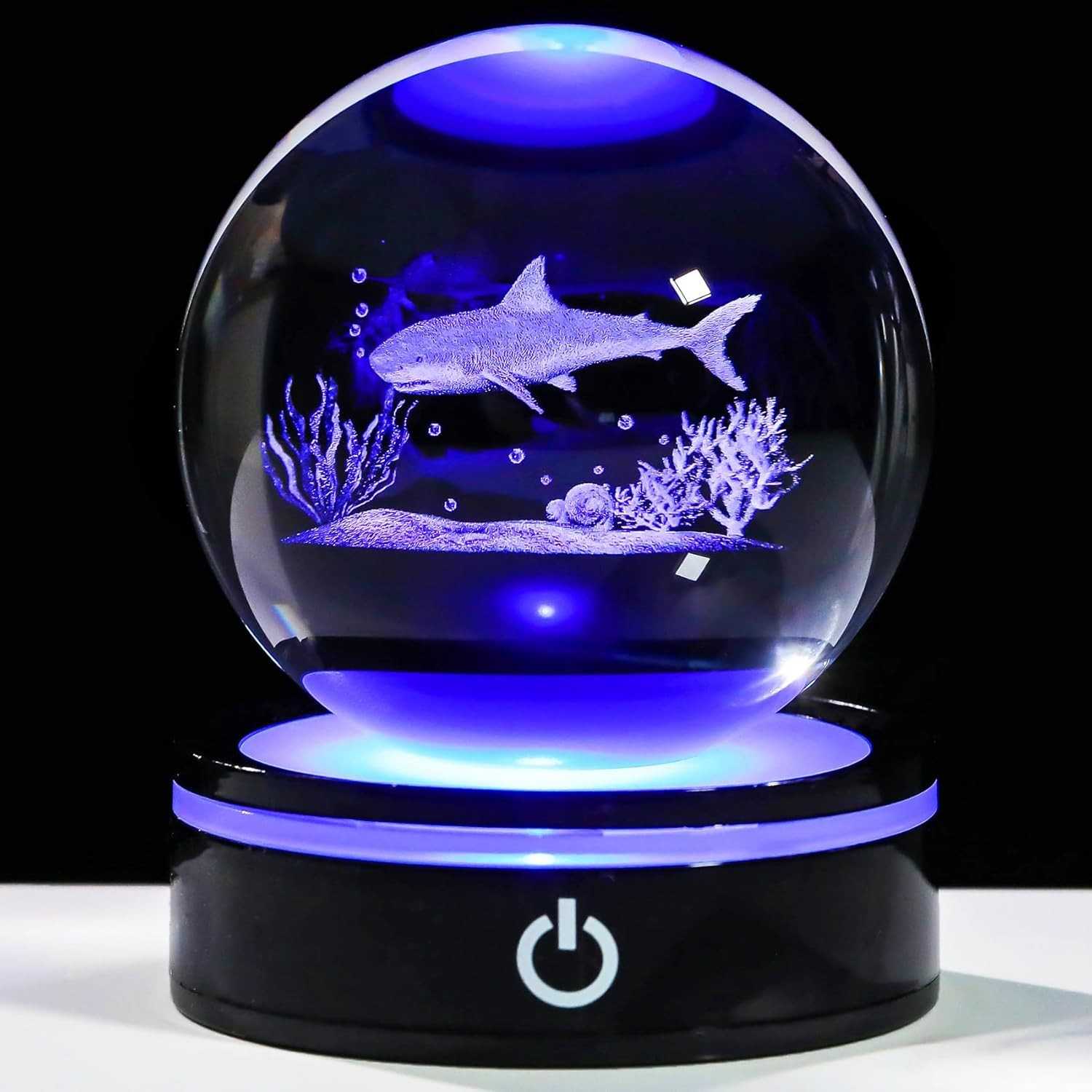 Estátua de Tubarão 3D em Cristal K9 com Base Iluminada Colorida - Presente Exclusivo para Amantes de Tubarões