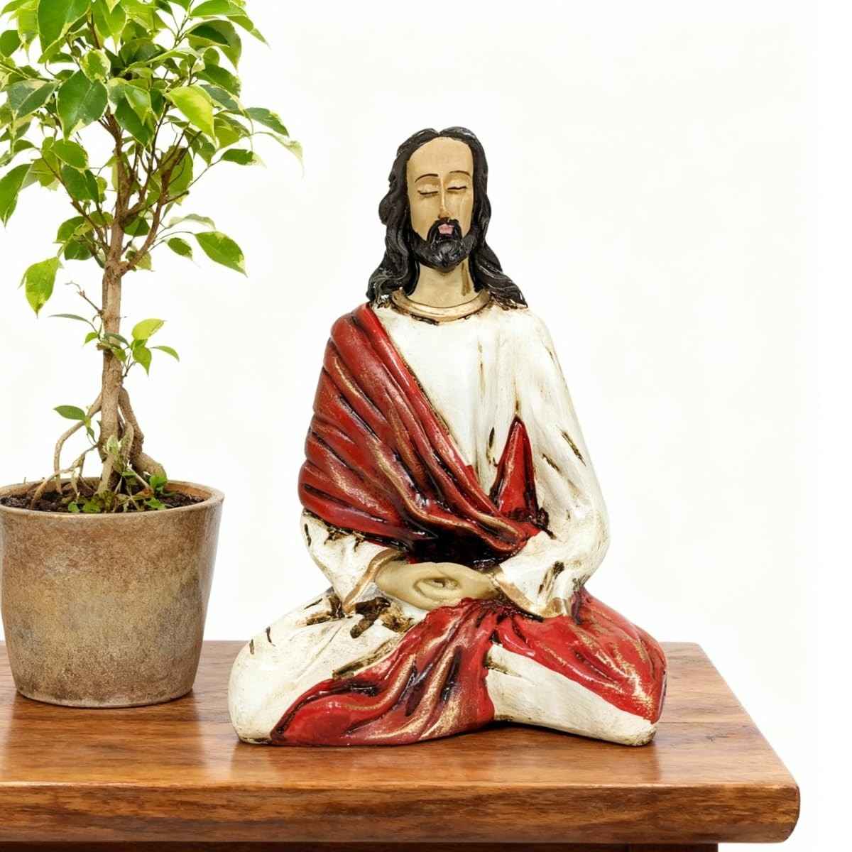Jesus Cristo Meditando em Resina Branca 22cm - Imagem de Espiritualidade e Paz