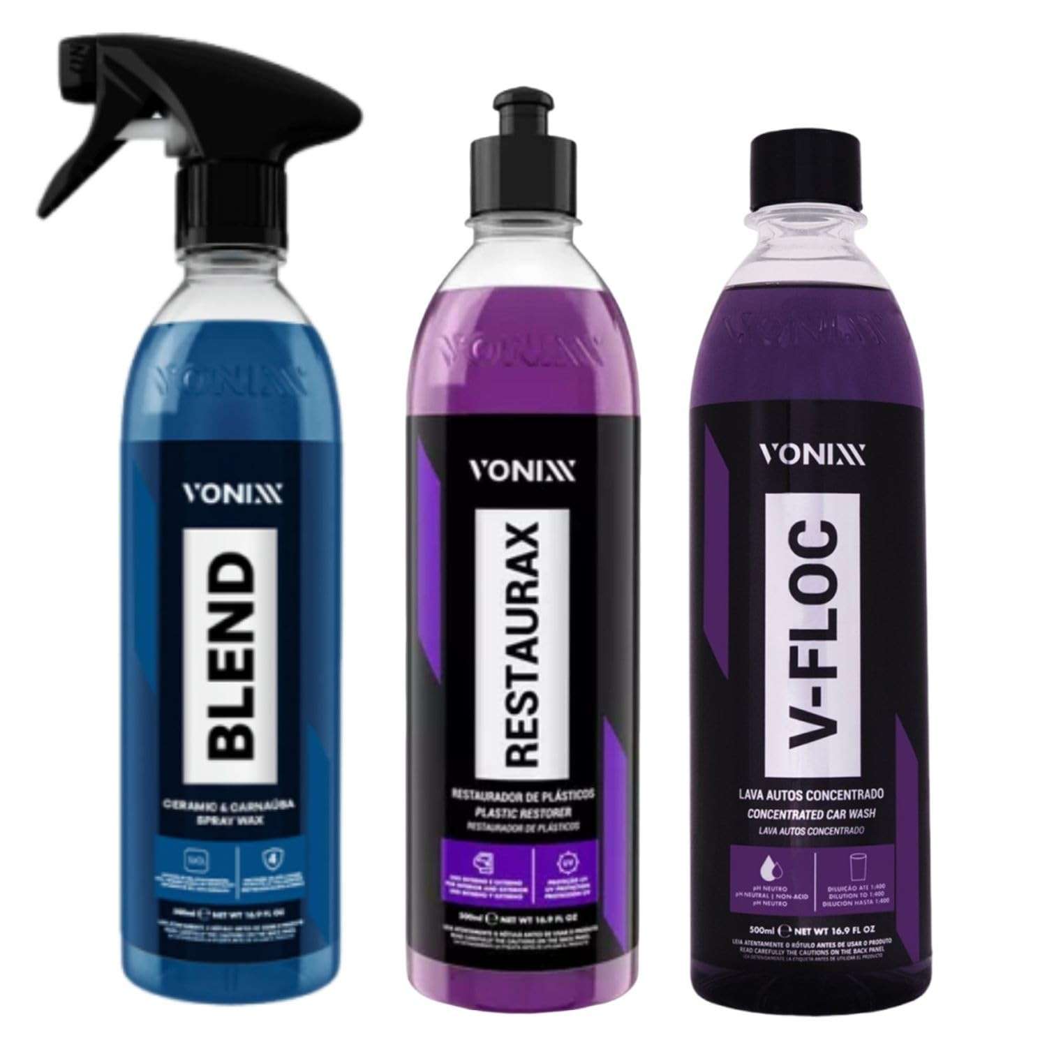 Kit Automotivo Vonixx Completo: V-Floc, Restaurax e Blend para Brilho e Proteção Impecáveis