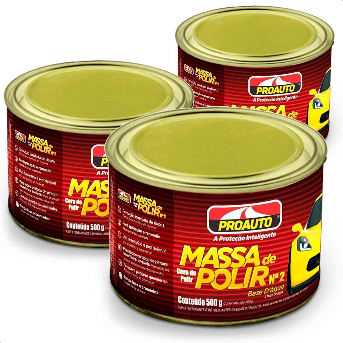 KIT 3 Massas de Polir Nº 2 Proauto Base Água: Brilho Impecável para Carro, Moto e Caminhão (500g)