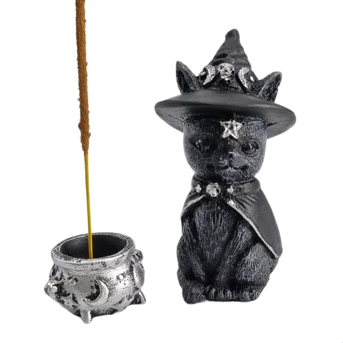 Estátua de Gato Bruxo Wicca com Caldeirão Mágico - Decoração Mística e Porta Incenso