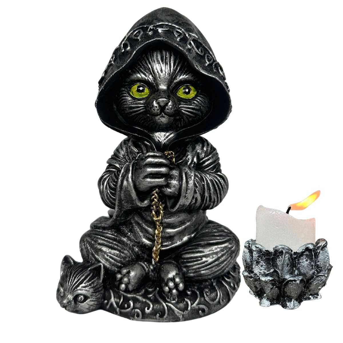 Gato Bruxo Wicca em Resina com Castiçal - Decoração Mística e Porta-Incensos 2 em 1