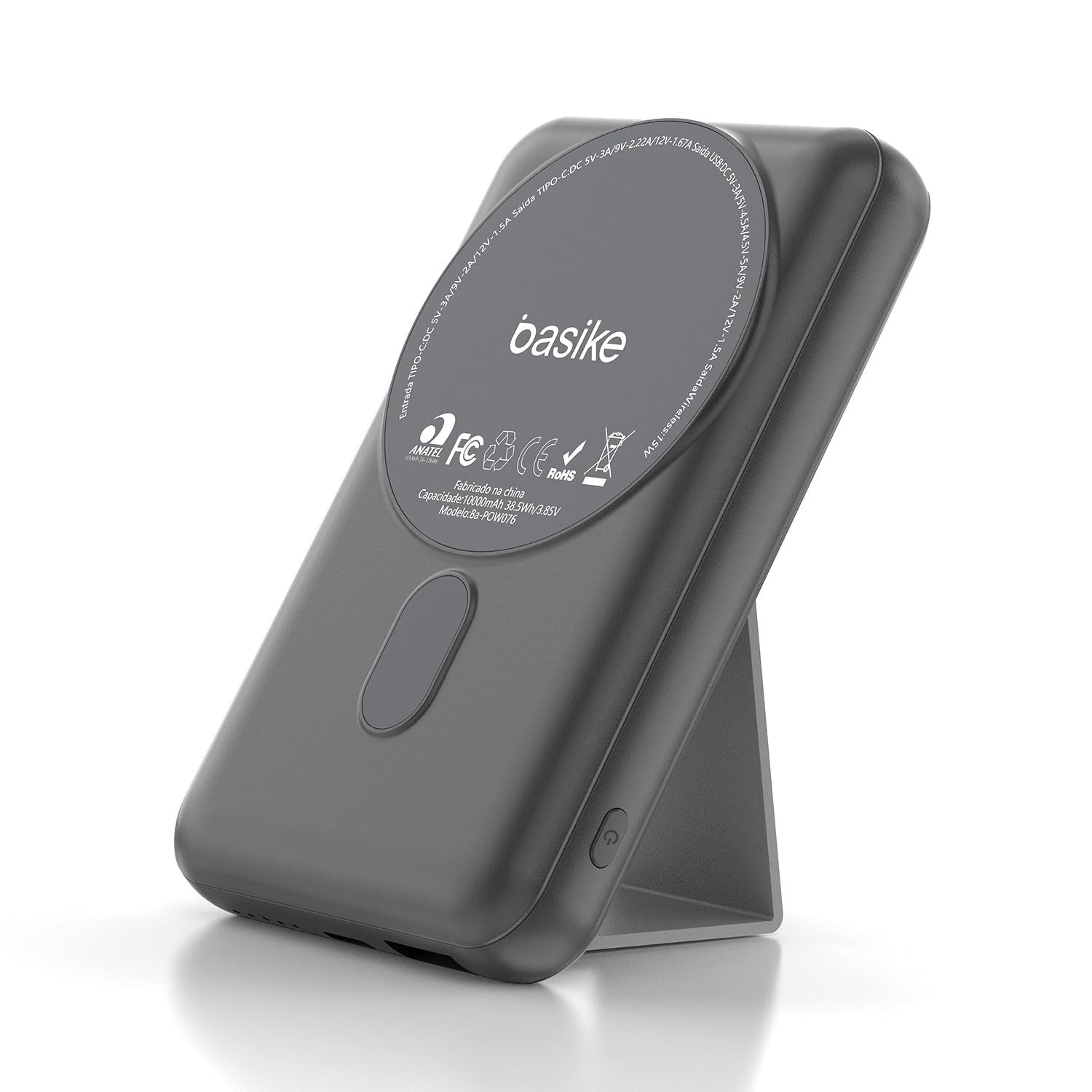 Basike Power Bank 10000mAh: Carregador Portátil Universal por Indução 15W, Suporte Dobrável e Compatível com MagSafe (Cinza)