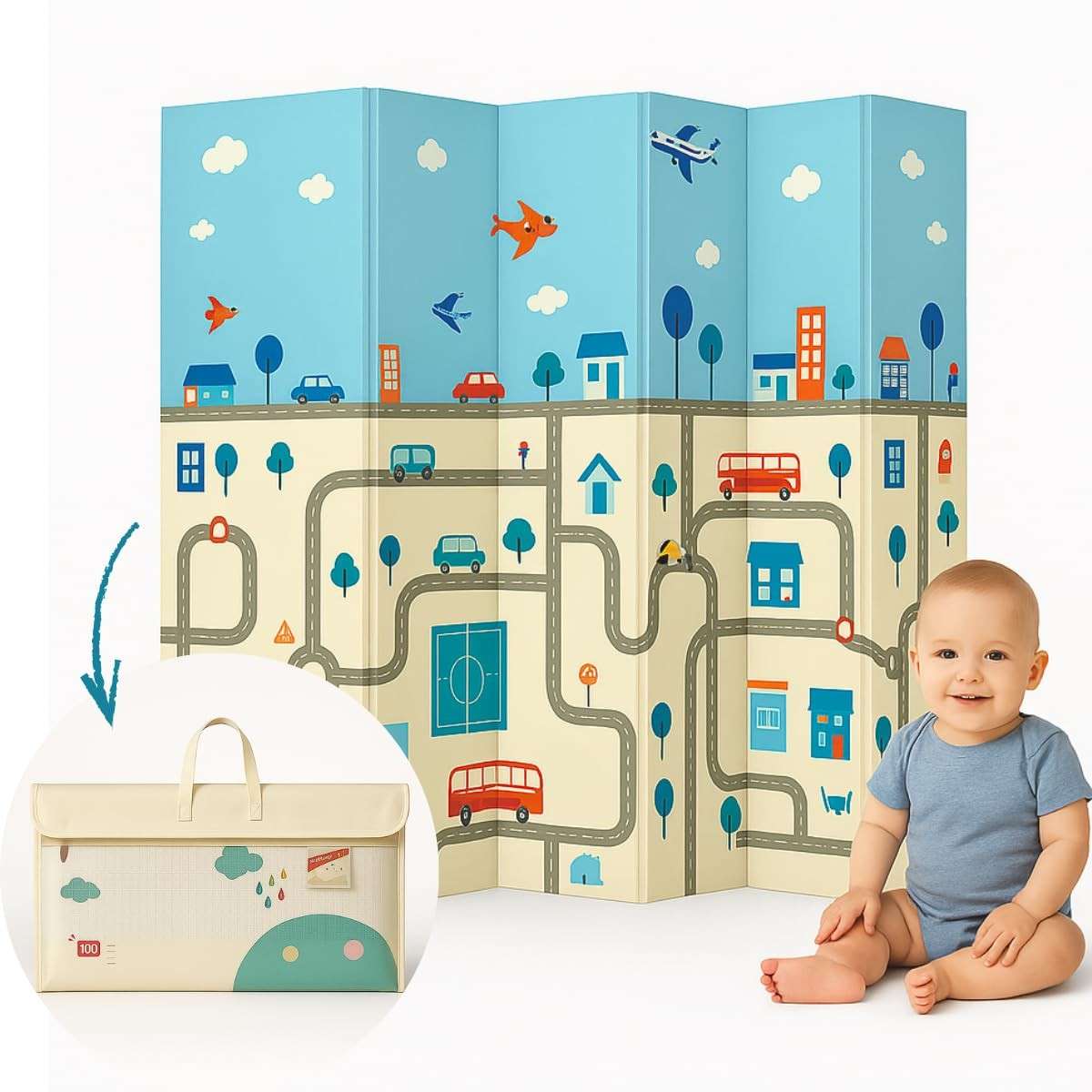 Tapete Infantil Emborrachado Dobrável 2x1,5m - Tatame Dupla Face 6mm com Estampa Educativa Safari e Cidade